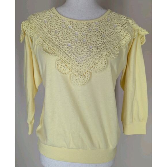 Vintage 80’s Yellow Knit Crochet Doile Top Size Small 3/4 Sleeve Shapely Knits - Picture 1 of 8